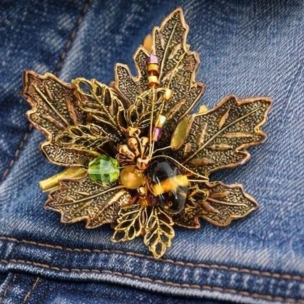 Gold Leaf Brooch Amber Glass Bead Cluster Vintage Nature Pin Statement